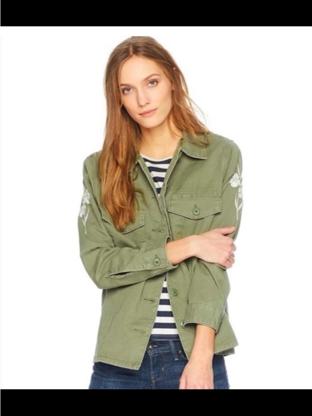 Levi's Women's Olive Green Embroidered Flower Button Down Military Jacket Small